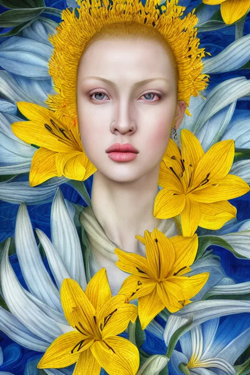 Prompt: hyperrealism close-up mythological portrait of a huge number of yellow lily flowers merged with female, blue palette, pale skin, wearing silver silk robe, in style of classicism