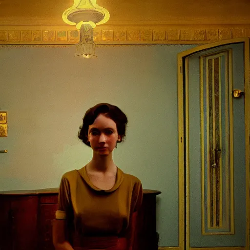 Image similar to a beautiful shiny girl in an soviet golden liminal abandoned room, film still by wes anderson, depicted by balthus, limited color palette, very intricate, art nouveau, highly detailed, lights by hopper, soft pastel colors