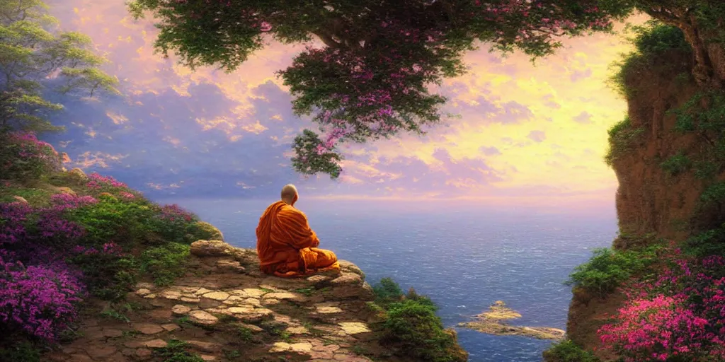 Prompt: a monk sits alone on the cliff ledge in the lotus position looking out onto a vast ocean, by thomas kinkade, wide angle, cinematic lighting, detailed oil painting