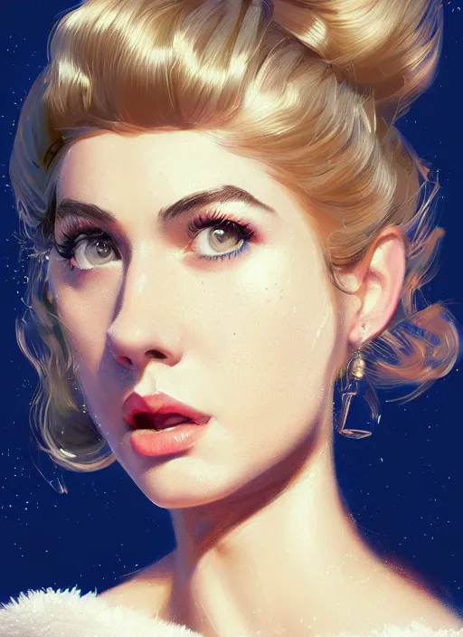 Image similar to portrait of betty cooper with fluffy bangs, bangs, 1 9 6 0 s, ponytail, curly bangs and ponytail, rounder face, intricate, elegant, glowing lights, highly detailed, digital painting, artstation, concept art, smooth, sharp focus, illustration, art by wlop, mars ravelo and greg rutkowski