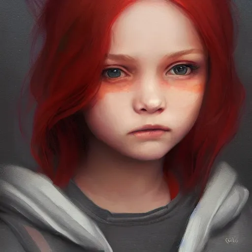 Image similar to a tiny girl with short red hair wearing a hoodie, digital art, cute face, very beautiful face, pretty face, very detailed eyes, full body illustration, 8 k resolution, soft painting, by greg rutkowski, wlop, rossdraws,