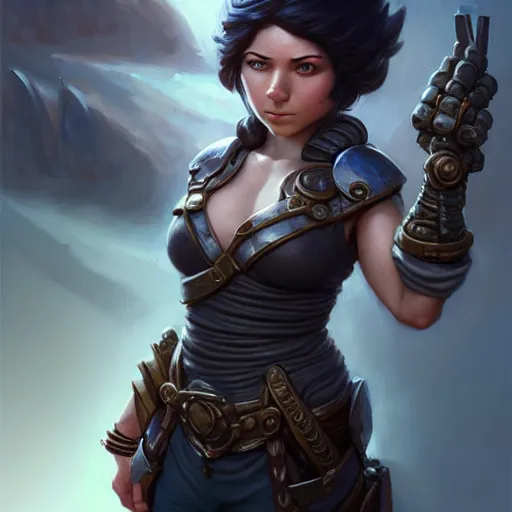 Image similar to muscular female gnome engineer artificer, metal gauntlet, short black hair, naval landscape, full body portrait, d & d, fantasy, intricate, elegant, highly detailed, digital painting, artstation, centred, rule of thirds, concept art, matte, sharp focus, illustration, cover by artgerm, art by greg rutkowski