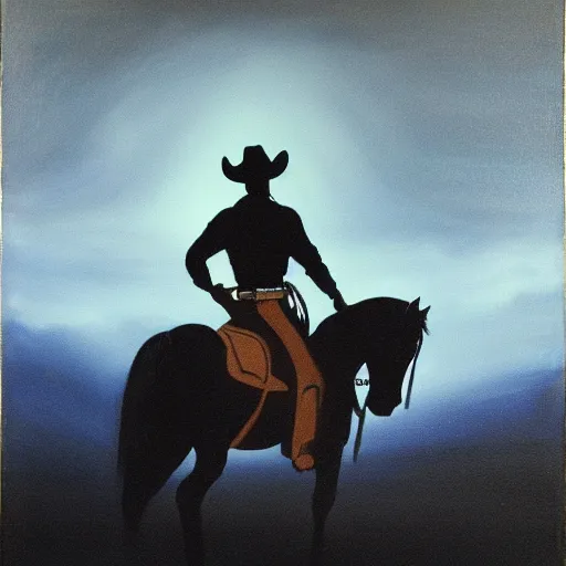 Prompt: a painting of a cowboy riding a horse into the dark horizon, high contrast, black and blue color scheme, dark, creepy, night, far away