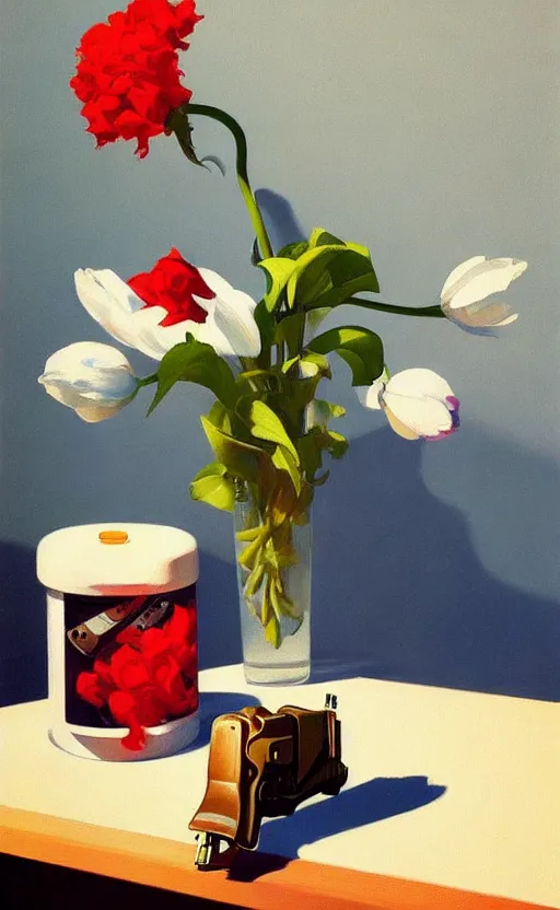 Image similar to beautiful still life featuring blooming flowers and a hand gun, very coherent, painted by Edward Hopper, painted by James Gilleard, airbrush, art by JamesJean