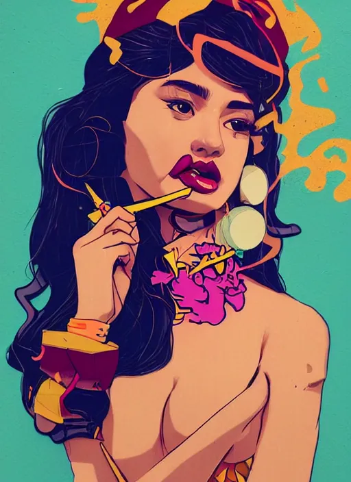 Prompt: delicate stripper by sachin teng : 5 attractive, sexy, thot, fine af, rare, exotic eyes, drip, sexy lips, gold hoop earings, : 5 stylish, designer, smoke, marijuana, asymmetrical, matte painting, geometric shapes, hard edges, graffiti, street art : 4 masterpiece, impressive detail, colorful, by sachin teng : 4 super model dancer : 5