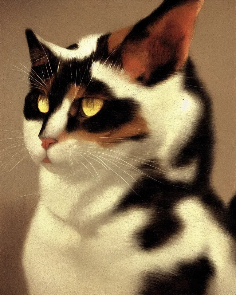 Image similar to close up portrait of a calico cat by vermeer. black background, three - point lighting, enchanting.