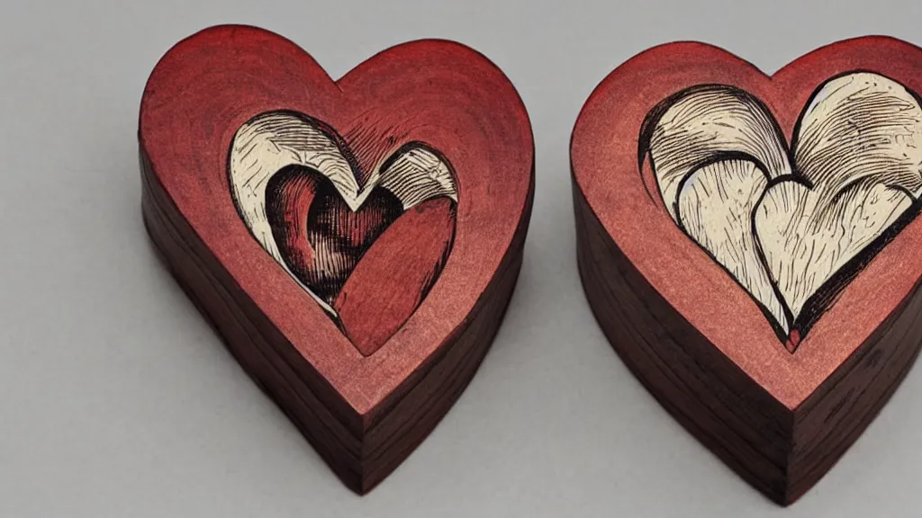 Prompt: a Wood engraving of a heart inside a box