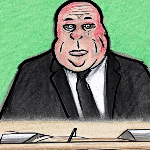 Image similar to a courtroom sketch of an angry frog pointing at alex jones on the stand