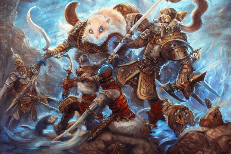 Prompt: dungeons and dragons fantasy painting, close order phalanx of mice spartans, 3 0 0, whimsical and cute, determined expressions, watery blue eyes, anime inspired, white fur, tufty whiskers, steel blades, dawn lighting, at thermopolae