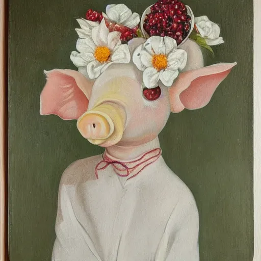 Image similar to “a portrait in an art student’s apartment, a feminine pig wearing white cotton stained with fresh juicy berries, pork, ikebana white flowers, white wax, squashed berries, acrylic and spray paint and oilstick on canvas, by munch and Dali”