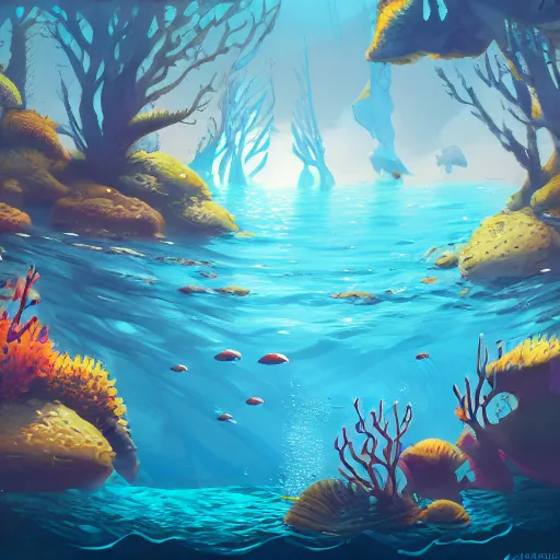 Image similar to a detailed illustration a idyllic underwater ocean scene by Alex Hirsch, trending on artstation, cgsociety, deviantart