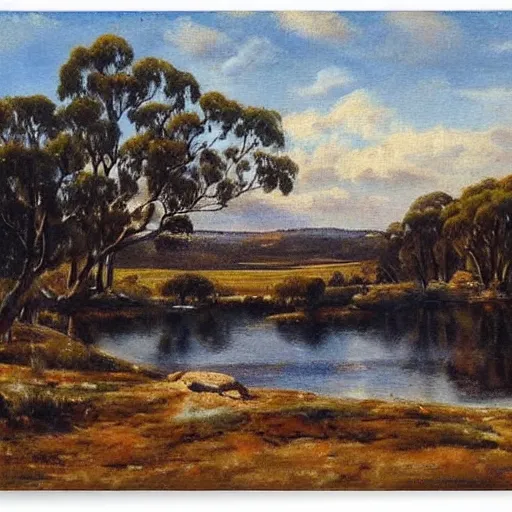 Prompt: a landscape painting of canberra by fred mccubbin