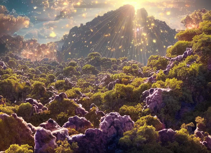 Image similar to a photo of small blobs of interdimensional fractal creatures falling from the sky in the distance, on a bright day, a vast landscape with lush hills, dust particles, natural lighting, natural color palette, awe inspiring, wide angle, cinematographic, subtle lens flare