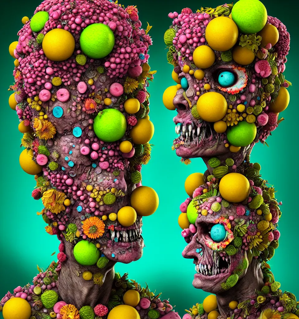 Prompt: headshot of a trickster nature zombie, head made of fruit and flowers in the style of arcimboldo, covered with iridescent bubbles, made by greg rutkowski, digital illustration, dynamic lighting, action figure, clay sculpture, claymation, turquoise pink and yellow, rainbow stripe backdrop