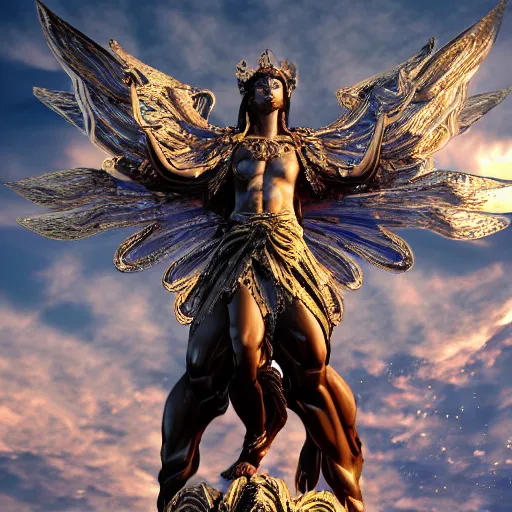 Image similar to Triumphant Ornate Figure of Power and Glory perfection glorious holy high heavens Overwhelmingly beautiful Nature detailed life Iridescent holographic Afterlife God HDR 8K Unreal Engine detailed Scenery Depth of field Vray