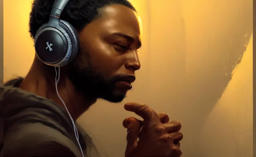 Image similar to light skin black man with headphones at his home studio producing music late at night, very detailed, 4 k, concept art like ernest khalimov, intricate details, highly detailed by greg rutkowski, ilya kuvshinov, gaston bussiere, craig mullins, simon bisley