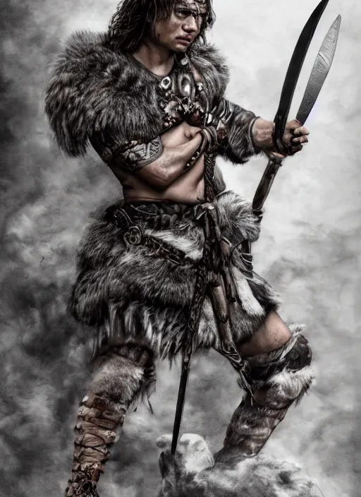 Prompt: frank dillane as a barbarian warrior, legendary warrior, tattoos, fur and leather armor, beautiful, realistically detailed shading, 8 k, hyper realistic art, photo realism, robin eley, deviantart