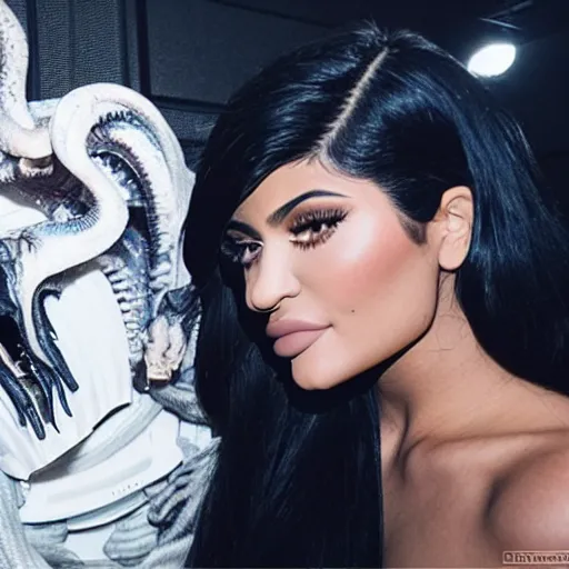 Prompt: kylie jenner being lickjed menacingly by an xenomorph, highly detailed, photorealistic, hyper realistic, slime, saliva, smooth