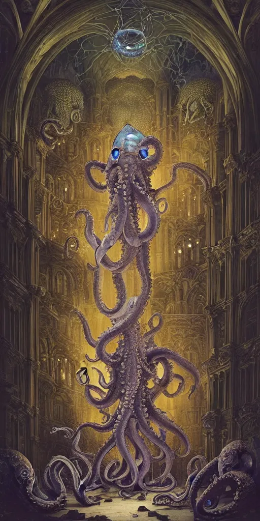 Image similar to group of mankind species mages with big octopus heads and a lot of translucent jellyfishes floating around inside an ancient mage castle hall colossal scale, gothic and baroque, brutalist architecture, ultradetailed, Intricate by Ellen Jewett and Josan Gonzalez and Giuseppe Arcimboldo