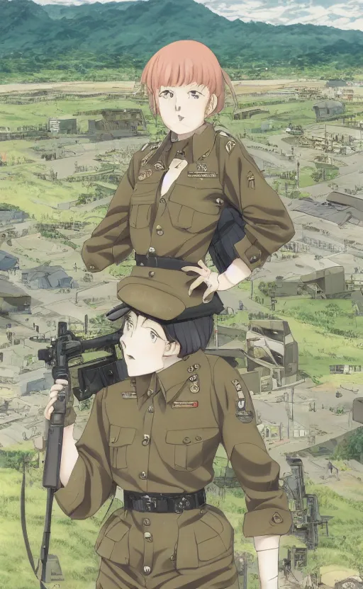 Prompt: portrait of a female soldier, highly detailed, high resolution, military camp in the background, a colored page of a manga, illustration, stunning, from the manga marginal operation, bokeh soft, matte, 100mm, by professional photographer, hayao miyazaki, shimada fumikane, shizuma yoshinori, umihara sakana, bob, realistic human anatomy, realistic military carrier, modern warfare, realistic weapon, shot with a arriflex 35 ii, low saturation, small eyes