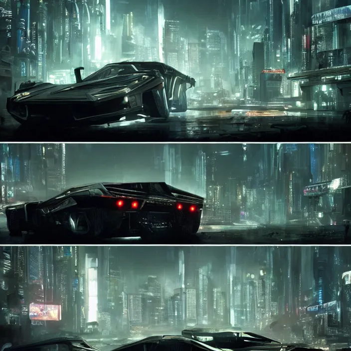 Image similar to cyberpunk car lamborgini counatch, in cyberpunk city, by blade runner, visual by operator roger deakins, by neill blomkamp, elysium, eztreamly detailed