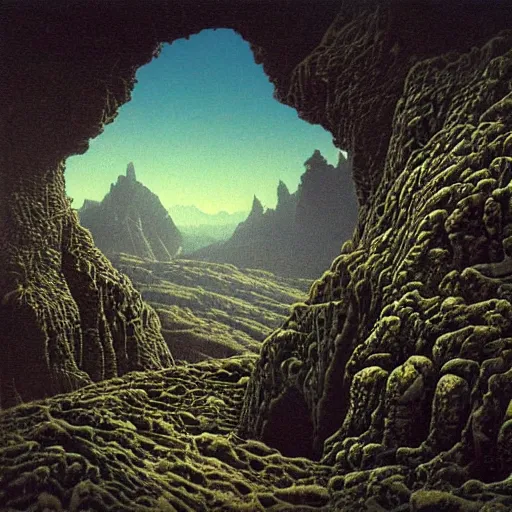 Image similar to filigree landscape, rocks, steampunk mountains, trinkets, beksinski