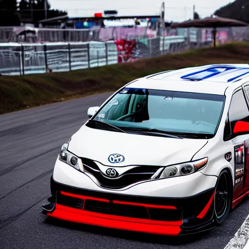 Image similar to Toyota Sienna with racing tires and racing livery, widebody kit, drifting through nurburgring, cinematic photography