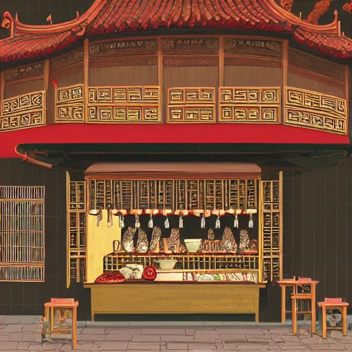 Image similar to a beautiful hyperdetailed interior 4 k hd wallpaper illustration of roasted string hotpot restaurant restaurant yan'an, corner, simple style, wall painting, from china, with merchant logo, simple structure, surrealistic, chinese style, victo ngai