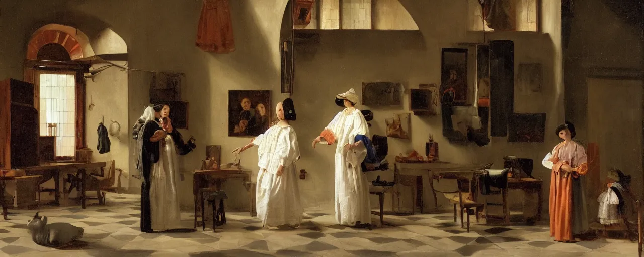 Image similar to photorealistic puerto rican fashion designer clothe in tetradic color scheme, pieter de hooch lighting