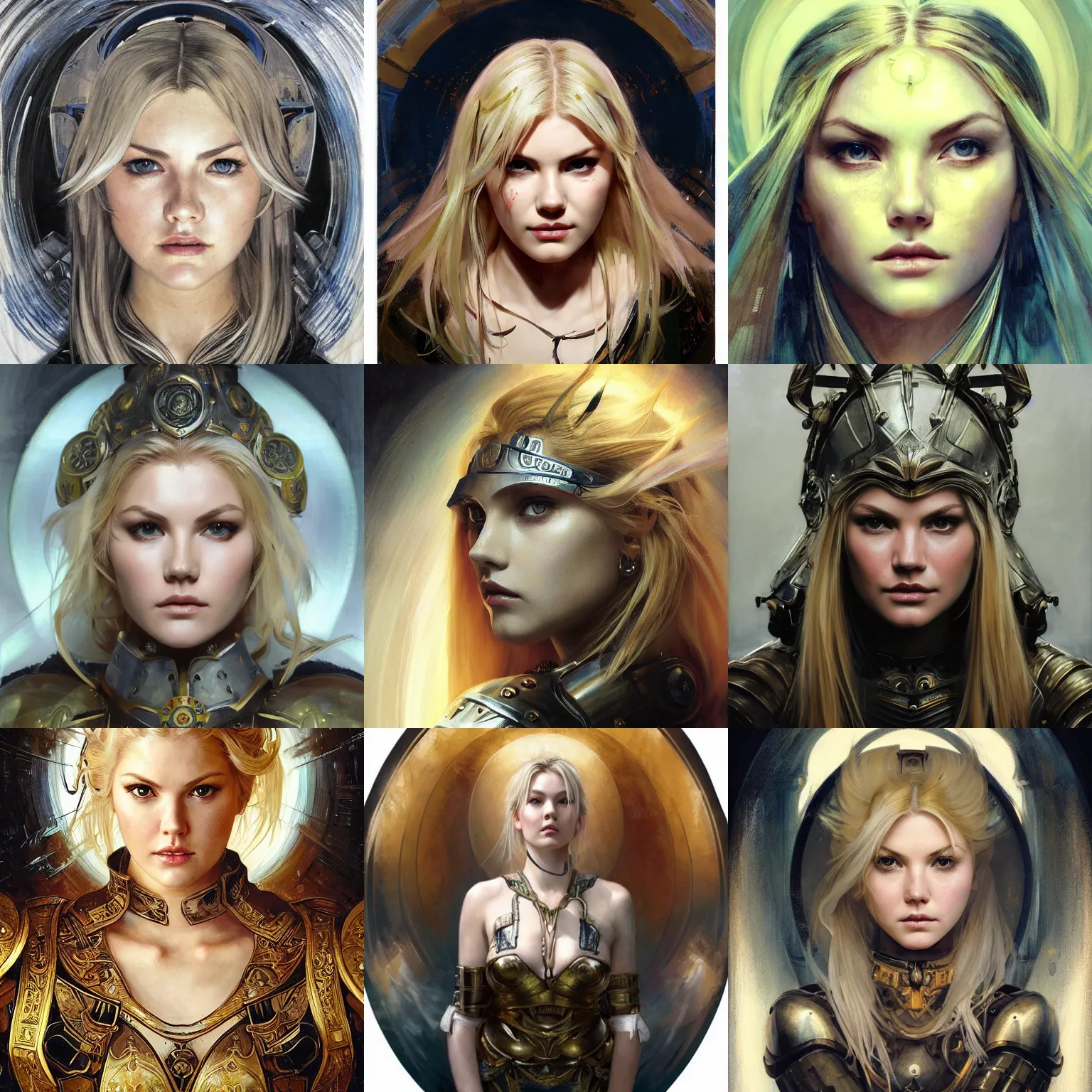 Prompt: masterpiece head-on symmetrical centered painted portrait, Elisha Cuthbert as a holy warrior, blonde hair, holy light halo, glorious, wearing full metal armour, elegant, in the style of Guy Denning and Jeremy Mann and Ruan Jia and Artgerm and Edgar Maxence and Ross Tran and Alphonse Mucha and Ayami Kojima and Charlie Bowater and Karol Bak and Jean Delville, Art Nouveau, Pre-Raphaelite, Neo-Gothic, gothic, Art Nouveau, rich deep moody colors