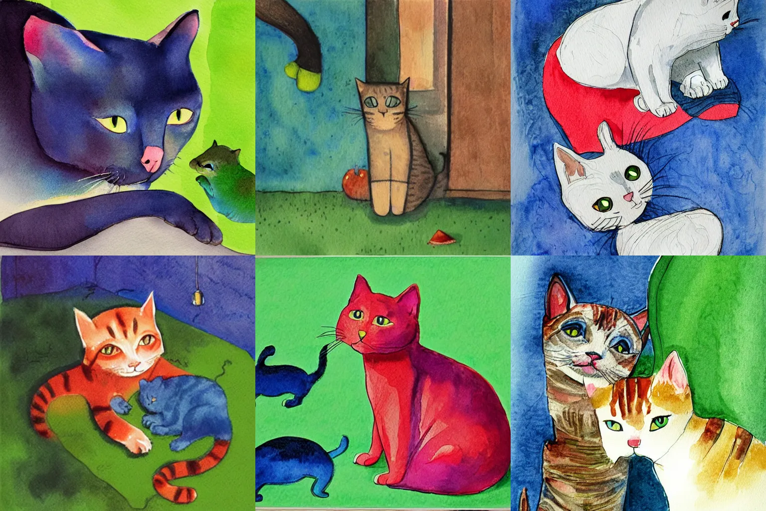 Prompt: the cat knew too much, and was beginning to create all sorts of problems, watercolor illustration, kid lit, Eric Carle