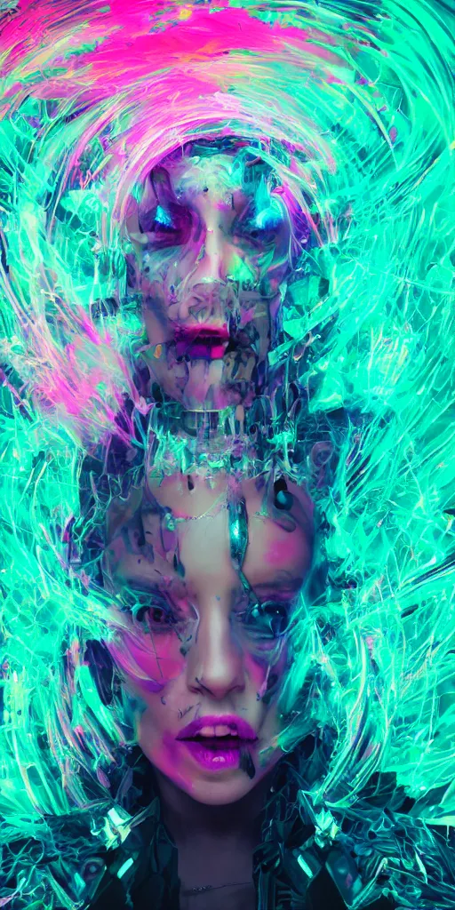 Image similar to impossibly beautiful witch hypnotizing her enemies with dark magic, intricate complexity, psychedelic glitch art, neon paint drip, inverted color scheme, trending on art station, photoreal, 8 k, octane render