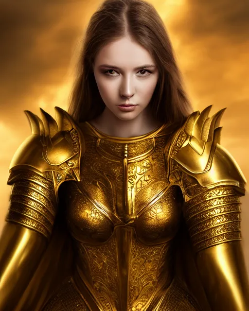 Prompt: matte painting portrait of woman in shining golden armor, high production value, intricate details, high resolution, hdr, high definition, masterpiece, realistic, ultrarealistic, highly detailed, hd, sharp focus, non blurry, sharp, smooth
