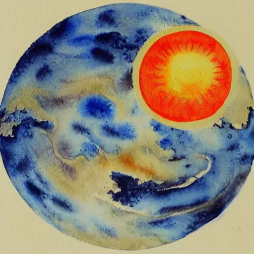 Image similar to a chinese watercolor painting of the earth and the sun fighting each other