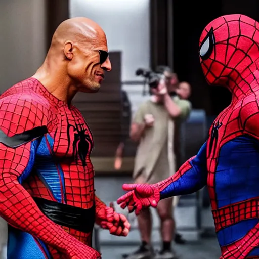 Image similar to dwayne johnson entrance scene wearing spiderman costumes