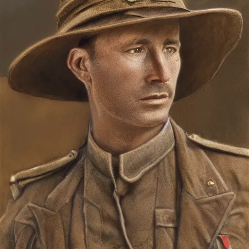 Image similar to a detailed photorealistic sepia - toned color portrait painting of a 1 9 1 7 worried clean - shaven british lieutenant in detailed field gear wearing a finely - detailed pith helmet in wadi rum, ultra realistic, intricate details, atmospheric, dark, horror, brooding, highly detailed, by clyde caldwell