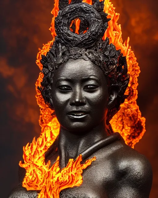 Image similar to 5 5 mm portrait photo of pele a hawaiian fire goddess holding molten lava standing in cauldera of volcanoe, wreath of anthuriums around her head and waist. by luis royo. highly detailed 8 k. intricate. lifelike. soft light. nikon d 8 5 0. cinematic post - processing