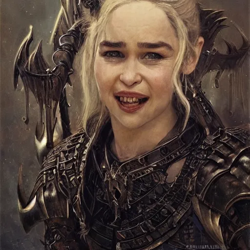 Image similar to emilia clarke, with short canines fangs, wearing dark black ornamented medieval armour, detailed, by gaston bussiere, bayard wu, greg rutkowski, giger, maxim verehin, greg rutkowski, masterpiece, sharp focus,