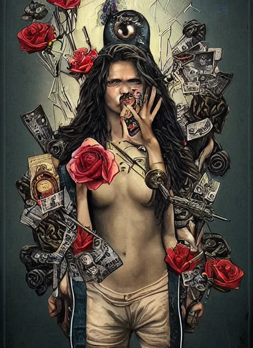 Prompt: tarot card :: horror :: hearts and roses :: aliens and sea :: cigarettes and smoke :: gold and silver :: guns and swords :: highly details :: intricate details :: Sandra Chevrier and bastien lecouffe deharme