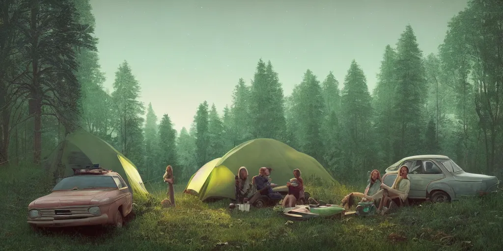 Prompt: two women camping next to green car, elegant scene, low angle, wide angle, indian forest, wide angle, cinematic, ultrarealistic, trending on artstation, cgsociety, highly detailed, color graded, rendered in unreal engine 4 k hq, matte painting, by simon stalenhag and hudson river school, horizon forbidden west