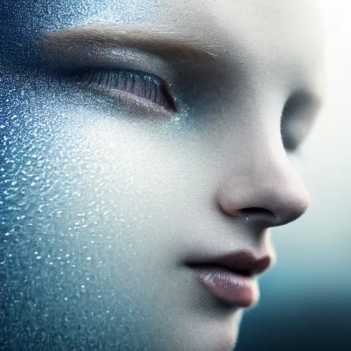 Prompt: fully clothed shimmering, glistening beauteous full face emerging from a reflecting pool, white pearlescent, chrome, iridescent titanium, crystal, liquid, by lee jeffries, erik johansson, cinematic forest lighting, crystalline masterpiece incrustations, hyperdetailed metalwork, in volumetric soft glowing mist, elegant pose, movie still,