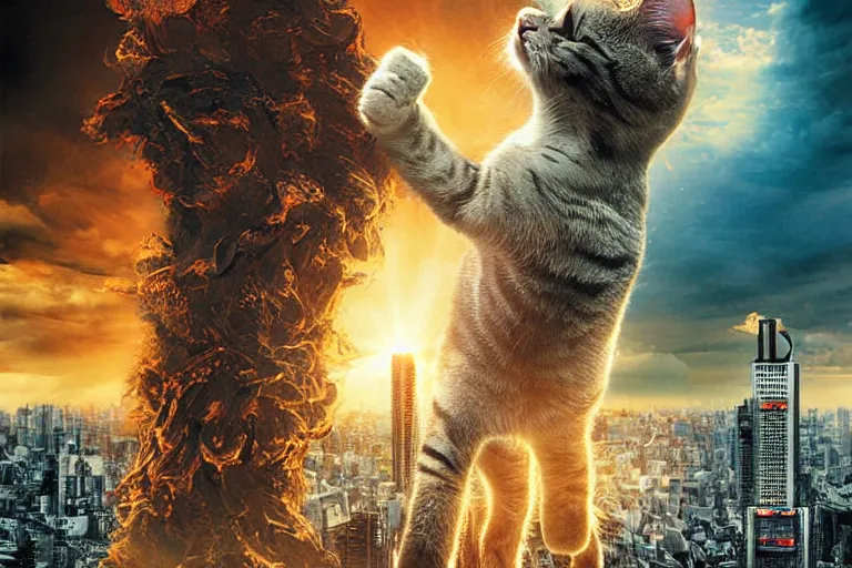 Image similar to cat attacking Tokyo, disaster movie poster, masterpiece, masterwork, cgstudio