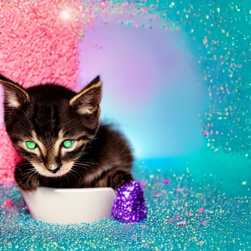 Image similar to kitten bathing itself with a glitter explosion, 8k, award winning photo, digital art