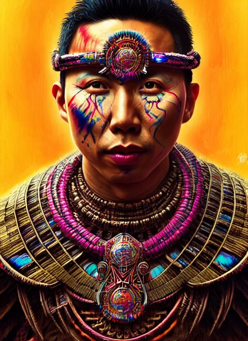 Image similar to portrait of donnie yen, hyper detailed ultra sharp aztec shaman warrior. trending on artstation, warpaint aesthetic, bloodwave, colorful, psychedelic, ornate, intricate, digital painting, concept art, smooth, sharp focus, illustration, art by artgerm and greg rutkowski and h. r. giger, 8 k