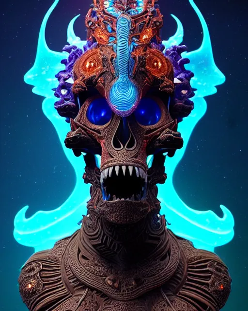 Image similar to 3 d ornate carved dark cosmic horse with profile portrait, sigma 5 0 0 mm f / 5. beautiful intricate highly detailed quetzalcoatl skull. bioluminescent, plasma, lava, ice, water, creature, thunderstorm! artwork by tooth wu and wlop and beeple and greg rutkowski, 8 k trending on artstation