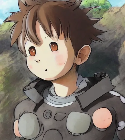 Image similar to attractive little boy wearing an cyborg bear suit, artwork in kentaro miura and made in abyss and inazuma eleven, smooth, beautiful lightness, anatomically correct, trending on pixiv, attractive composition