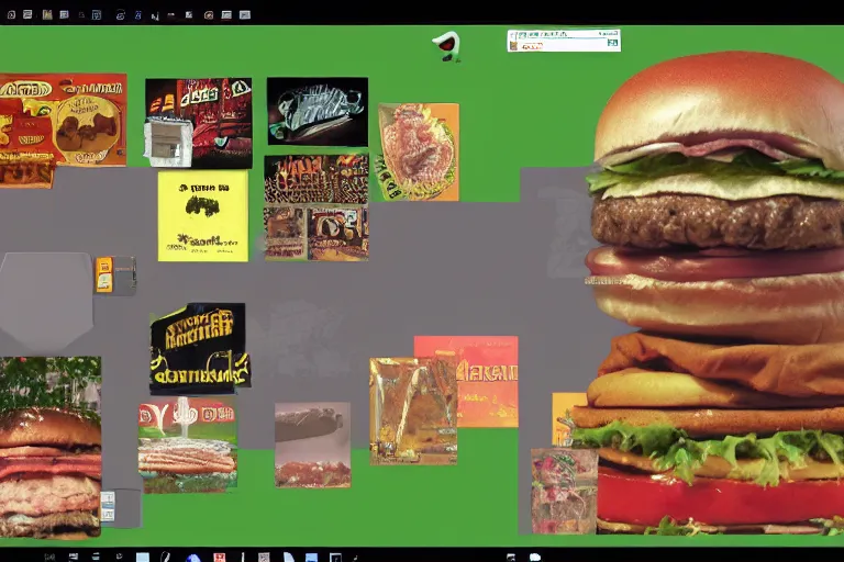 Prompt: hamburger themed gnu / linux desktop environment, linux mint, in 1 9 9 5, y 2 k cybercore, hamburger os, desktop screenshot