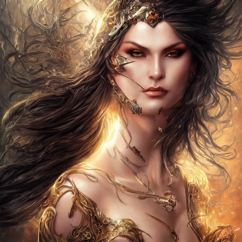 Image similar to a higly detailed full body shot portrait painting of a stunning and sensual female fantasy sorceress with piercing beautiful eyes, dynamic lighting, ambient lighting, deviantart, art by artgerm and karol bak and mark brooks