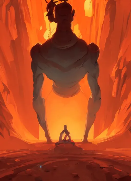 Prompt: giant humanoid of orange glowing color inside a dark cavern, watching a giant skyscraper with thousands of floors and bright yellow windows, in the Style of Artgerm and Charlie Bowater and Atey Ghailan and Mike Mignola, vibrant colors and hard shadows and strong rim light, Comic Cover Art, plain background, trending on artstation