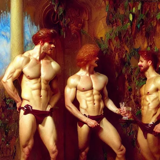 Image similar to attractive muscular mike with ginger hair with muscular attractive tyler with brunet hair, drinking their hearts out, in their noble mansion. very defined and highly detailed painting by gaston bussiere, craig mullins, j. c. leyendecker 8 k